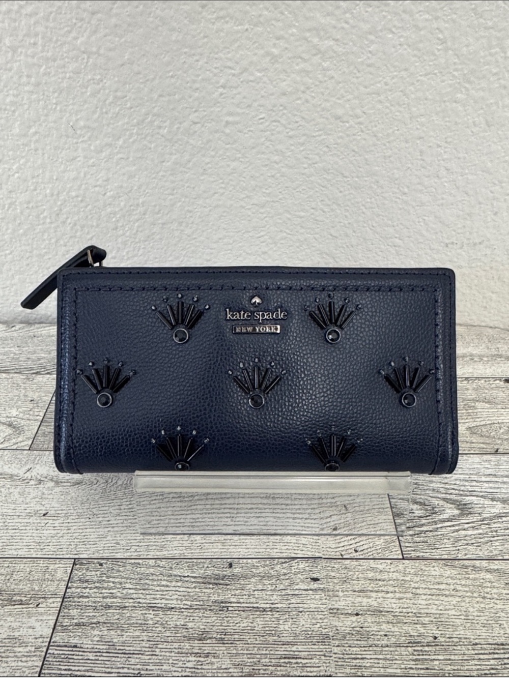 kate spade navy embellished leather zip wallet